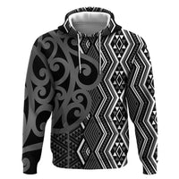 Maori Taniko Patterns Zip Hoodie Black Patiki Motifs Mix Whakairo Ngaru