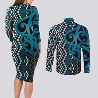 Maori Taniko Patterns Couples Matching Long Sleeve Bodycon Dress and Long Sleeve Button Shirt Azure Patiki Motifs Mix Whakairo Ngaru
