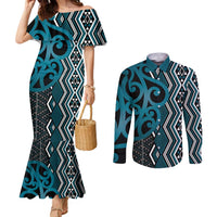 Maori Taniko Patterns Couples Matching Mermaid Dress and Long Sleeve Button Shirt Azure Patiki Motifs Mix Whakairo Ngaru LT7 Azure - Polynesian Pride