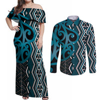 Maori Taniko Patterns Couples Matching Off Shoulder Maxi Dress and Long Sleeve Button Shirt Azure Patiki Motifs Mix Whakairo Ngaru LT7 Azure - Polynesian Pride