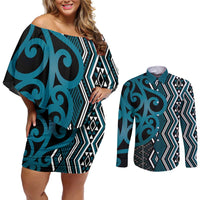 Maori Taniko Patterns Couples Matching Off Shoulder Short Dress and Long Sleeve Button Shirt Azure Patiki Motifs Mix Whakairo Ngaru LT7 Azure - Polynesian Pride
