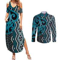 Maori Taniko Patterns Couples Matching Summer Maxi Dress and Long Sleeve Button Shirt Azure Patiki Motifs Mix Whakairo Ngaru LT7 Azure - Polynesian Pride