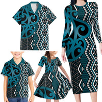 Maori Taniko Patterns Family Matching Long Sleeve Bodycon Dress and Hawaiian Shirt Azure Patiki Motifs Mix Whakairo Ngaru LT7 - Polynesian Pride