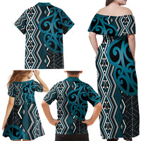 Maori Taniko Patterns Family Matching Off Shoulder Maxi Dress and Hawaiian Shirt Azure Patiki Motifs Mix Whakairo Ngaru LT7 - Polynesian Pride