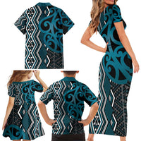 Maori Taniko Patterns Family Matching Short Sleeve Bodycon Dress and Hawaiian Shirt Azure Patiki Motifs Mix Whakairo Ngaru LT7 - Polynesian Pride
