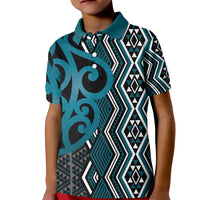 Maori Taniko Patterns Kid Polo Shirt Azure Patiki Motifs Mix Whakairo Ngaru LT7 Kid Azure - Polynesian Pride