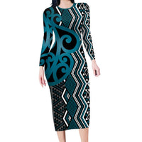 Maori Taniko Patterns Long Sleeve Bodycon Dress Azure Patiki Motifs Mix Whakairo Ngaru