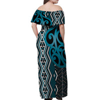 Maori Taniko Patterns Off Shoulder Maxi Dress Azure Patiki Motifs Mix Whakairo Ngaru