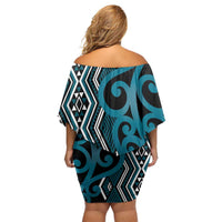 Maori Taniko Patterns Off Shoulder Short Dress Azure Patiki Motifs Mix Whakairo Ngaru