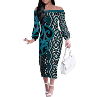 Maori Taniko Patterns Off The Shoulder Long Sleeve Dress Azure Patiki Motifs Mix Whakairo Ngaru