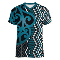 Maori Taniko Patterns Women V-Neck T-Shirt Azure Patiki Motifs Mix Whakairo Ngaru LT7 Female Azure - Polynesian Pride