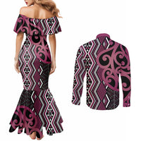Maori Taniko Patterns Couples Matching Mermaid Dress and Long Sleeve Button Shirt Pink Patiki Motifs Mix Whakairo Ngaru LT7 - Polynesian Pride