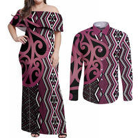 Maori Taniko Patterns Couples Matching Off Shoulder Maxi Dress and Long Sleeve Button Shirt Pink Patiki Motifs Mix Whakairo Ngaru LT7 Pink - Polynesian Pride