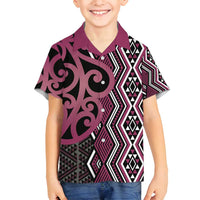 Maori Taniko Patterns Family Matching Long Sleeve Bodycon Dress and Hawaiian Shirt Pink Patiki Motifs Mix Whakairo Ngaru LT7 Son's Shirt Pink - Polynesian Pride