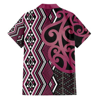 Maori Taniko Patterns Family Matching Off The Shoulder Long Sleeve Dress and Hawaiian Shirt Pink Patiki Motifs Mix Whakairo Ngaru