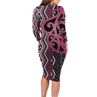 Maori Taniko Patterns Long Sleeve Bodycon Dress Pink Patiki Motifs Mix Whakairo Ngaru
