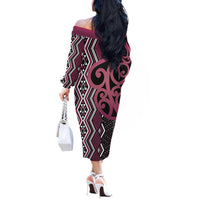 Maori Taniko Patterns Off The Shoulder Long Sleeve Dress Pink Patiki Motifs Mix Whakairo Ngaru
