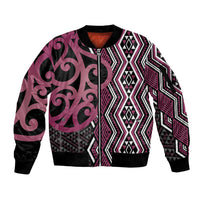 Maori Taniko Patterns Sleeve Zip Bomber Jacket Pink Patiki Motifs Mix Whakairo Ngaru