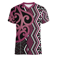 Maori Taniko Patterns Women V-Neck T-Shirt Pink Patiki Motifs Mix Whakairo Ngaru LT7 Female Pink - Polynesian Pride