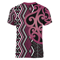 Maori Taniko Patterns Women V-Neck T-Shirt Pink Patiki Motifs Mix Whakairo Ngaru LT7 - Polynesian Pride