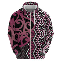 Maori Taniko Patterns Zip Hoodie Pink Patiki Motifs Mix Whakairo Ngaru