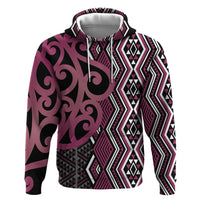 Maori Taniko Patterns Zip Hoodie Pink Patiki Motifs Mix Whakairo Ngaru