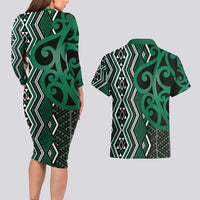 Maori Taniko Patterns Couples Matching Long Sleeve Bodycon Dress and Hawaiian Shirt Pounamu Patiki Motifs Mix Whakairo Ngaru LT7 - Polynesian Pride