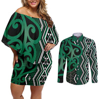 Maori Taniko Patterns Couples Matching Off Shoulder Short Dress and Long Sleeve Button Shirt Pounamu Patiki Motifs Mix Whakairo Ngaru LT7 Green - Polynesian Pride