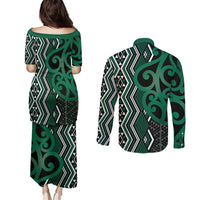 Maori Taniko Patterns Couples Matching Puletasi and Long Sleeve Button Shirt Pounamu Patiki Motifs Mix Whakairo Ngaru LT7 - Polynesian Pride