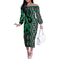 Maori Taniko Patterns Family Matching Off The Shoulder Long Sleeve Dress and Hawaiian Shirt Pounamu Patiki Motifs Mix Whakairo Ngaru