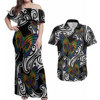 Aotearoa Takatapui Pride Couples Matching Off Shoulder Maxi Dress and Hawaiian Shirt Rainbow Butterfly - Free To Love LT7 Black - Polynesian Pride