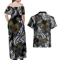 Aotearoa Takatapui Pride Couples Matching Off Shoulder Maxi Dress and Hawaiian Shirt Rainbow Butterfly - Free To Love LT7 - Polynesian Pride
