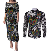 Aotearoa Takatapui Pride Couples Matching Puletasi and Long Sleeve Button Shirt Rainbow Butterfly - Free To Love LT7 Black - Polynesian Pride
