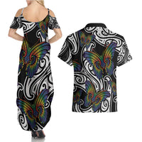 Aotearoa Takatapui Pride Couples Matching Summer Maxi Dress and Hawaiian Shirt Rainbow Butterfly - Free To Love LT7 - Polynesian Pride