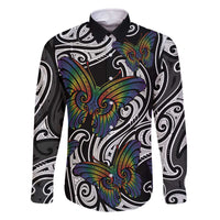 Aotearoa Takatapui Pride Family Matching Off The Shoulder Long Sleeve Dress and Hawaiian Shirt Rainbow Butterfly - Free To Love