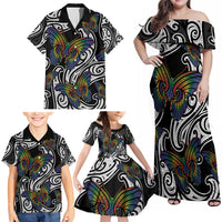 Aotearoa Takatapui Pride Family Matching Off Shoulder Maxi Dress and Hawaiian Shirt Rainbow Butterfly - Free To Love