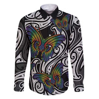 Aotearoa Takatapui Pride Family Matching Summer Maxi Dress and Hawaiian Shirt Rainbow Butterfly - Free To Love LT7 Dad's Shirt - Long Sleeve Black - Polynesian Pride