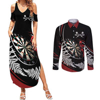 New Zealand Darts Personalised Couples Matching Summer Maxi Dress and Long Sleeve Button Shirt Silver Fern Dynamic LT7 Red - Polynesian Pride