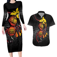 Personalized Papua New Guinea Milne Bay Couples Matching Long Sleeve Bodycon Dress and Hawaiian Shirt Bagi Necklace Mix Lime Pot Grunge