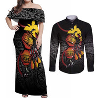 Personalized Papua New Guinea Milne Bay Couples Matching Off Shoulder Maxi Dress and Long Sleeve Button Shirt Bagi Necklace Mix Lime Pot Grunge LT7 Black - Polynesian Pride