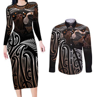 Aotearoa Maori - Australia Indigenous Couples Matching Long Sleeve Bodycon Dress and Long Sleeve Button Shirt Koiri Whakairo Mix Aboriginal Art LT7 Brown - Polynesian Pride