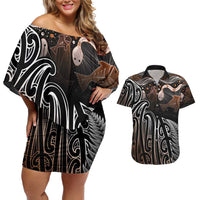 Aotearoa Maori - Australia Indigenous Couples Matching Off Shoulder Short Dress and Hawaiian Shirt Koiri Whakairo Mix Aboriginal Art LT7 Brown - Polynesian Pride