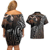 Aotearoa Maori - Australia Indigenous Couples Matching Off Shoulder Short Dress and Hawaiian Shirt Koiri Whakairo Mix Aboriginal Art LT7 - Polynesian Pride