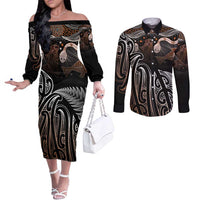 Aotearoa Maori - Australia Indigenous Couples Matching Off The Shoulder Long Sleeve Dress and Long Sleeve Button Shirt Koiri Whakairo Mix Aboriginal Art LT7 Brown - Polynesian Pride