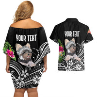 Personalised Polynesian Couples Matching Off Shoulder Short Dress and Hawaiian Shirt With Yorkshire Terrier Floral Style LT7 - Polynesian Pride