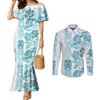 Christmas Aloha Hawaii Tiki Couples Matching Mermaid Dress and Long Sleeve Button Shirt Hibiscus Summer Colors - Polynesian Pride