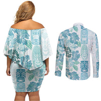 Christmas Aloha Hawaii Tiki Couples Matching Off Shoulder Short Dress and Long Sleeve Button Shirt Hibiscus Summer Colors - Polynesian Pride