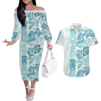 Christmas Aloha Hawaii Tiki Couples Matching Off The Shoulder Long Sleeve Dress and Hawaiian Shirt Hibiscus Summer Colors - Polynesian Pride