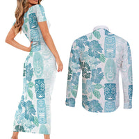Christmas Aloha Hawaii Tiki Couples Matching Short Sleeve Bodycon Dress and Long Sleeve Button Shirt Hibiscus Summer Colors - Polynesian Pride