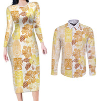 Christmas Aloha Hawaii Tiki Couples Matching Long Sleeve Bodycon Dress and Long Sleeve Button Shirt Hibiscus Autumn Colors - Polynesian Pride